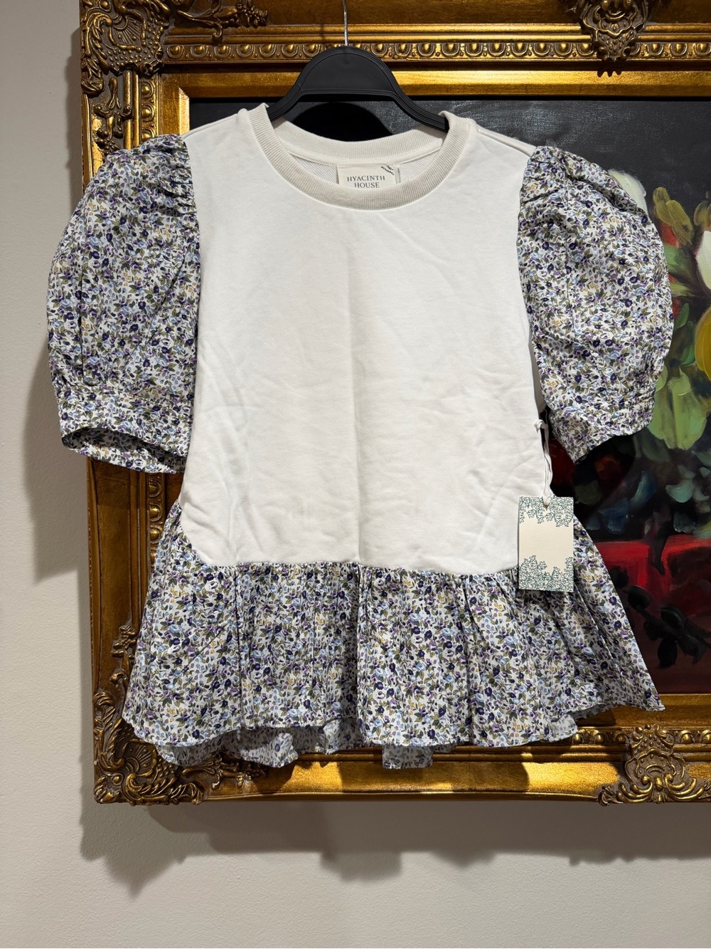 Hyacinth House Cream Tee with Lavender Floral Puff Sleeves